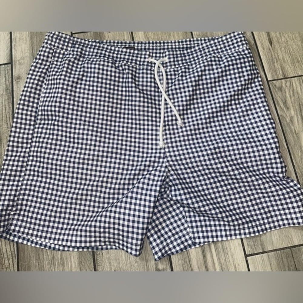 Tailorbyrd Blue and White Gingham Swim Trunks L large